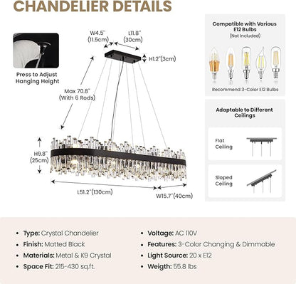 Large Rectangular Crystal Chandelier for Dining Room, 20-Light Modern 2-Tiers Oval Flush Mount Pendant Ceiling Light Fixture for Living Room Kitchen Island Bar 52 Inches