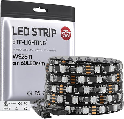 BTF-LIGHTING WS2811 IC=RGB+IC Addressable Color RGB LED Strip,16.4FT 60LED/m 10Pixels/m,IP65 Black PCB,UL Listed,Flexible DC12V Chasing Effect for Indoor Home Decor,3M Tape(No Adapter or Controller)
