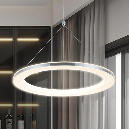 CHYING LED Pendant Lights Kitchen Island, 15.8" 18W Warm White Modern Ring Chandelier, Adjustable Height Silver Hanging Pendant Ceiling Light for Dining Room Bedroom Hallway Entryway, 3000K