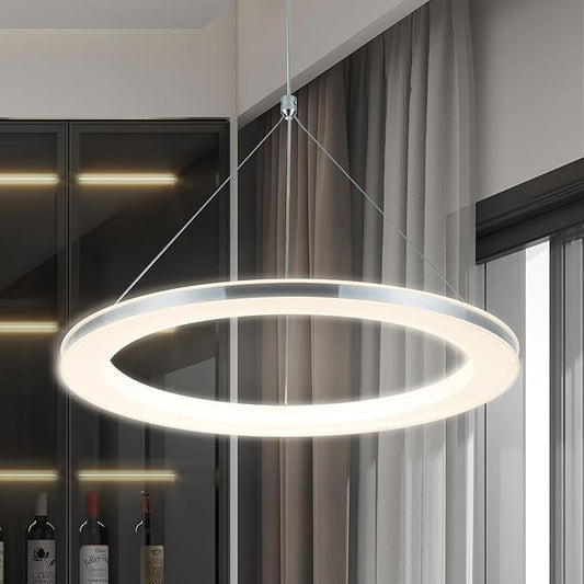 CHYING LED Pendant Lights Kitchen Island, 15.8" 18W Warm White Modern Ring Chandelier, Adjustable Height Silver Hanging Pendant Ceiling Light for Dining Room Bedroom Hallway Entryway, 3000K