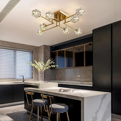 Modern Crystal Ceiling Light,Semi Flush Mount Ceiling Light Fixture with 8-Lights,Gold Sputnik Chandeliers for Bedroom,Dining Room,Farmhouse Kitchen,Office,Living Room