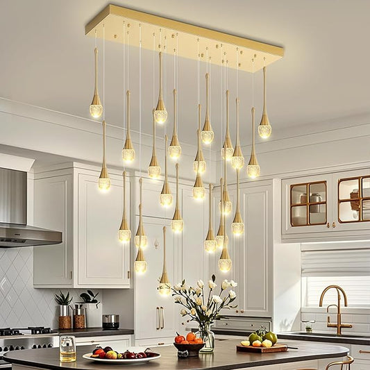 ykolupty 24-Lights Rectangular Chandelier Crystal Raindrop Chandeliers Flush Mount Ceiling Light for Dining Room Living Room High Ceiling Chandelier for Staircase Foyer Entryway Gold Chandeliers