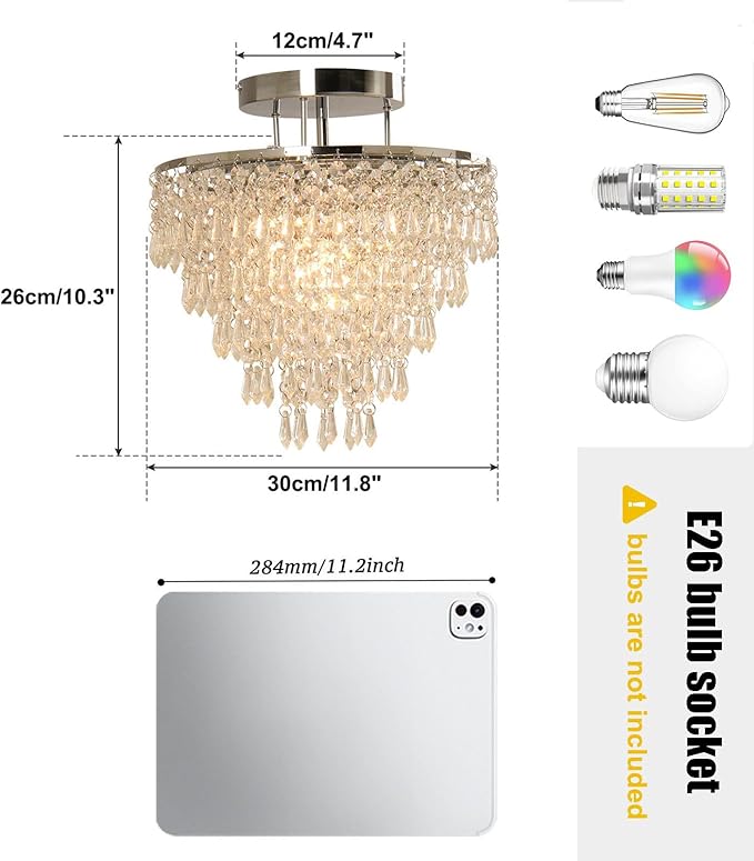 FRIXCHUR 11.8" Crystal Chandelier Chrome Flush Mount Ceiling Light 5 Tiers Raindrops Silver Chandeliers for Bedroom Hallway Living Room, E26 Base