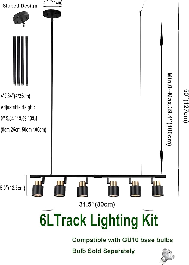 6 Light Track Lighting Kit, Matt Black Brass Finish Adjustable Height with Moden Flush Mount Ceiling Spotlight for Kitchen,Dining,Living Room,Home Improvement