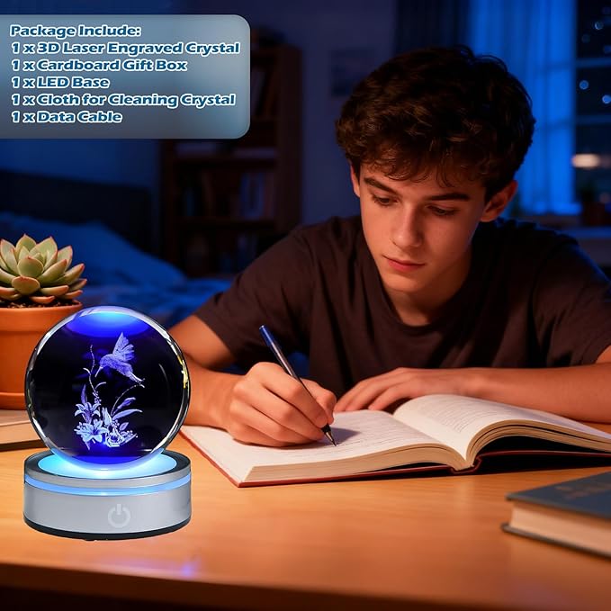 Hummingbird Gifts, 3D Hummingbird 3.15 Inch (80mm) Crystal Ball Lamp with Battery Powered, RGB Color Light for Birthday Xmas Cool Upgraded Bird Figurines Gifts for Room Decor Boys Girls
