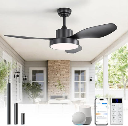 Sofucor 48 Inch Ceiling Fan with Lights Flush Mount Modern Outdoor Ceiling Fans with Remote,3 CCT Dimmable Quiet DC Motor & Timer for Patio/Bedroom/Farmhouse/Indoor (Black, 48 Inch/Smart Control)