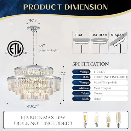 31" Modern Chrome Crystal Chandeliers 20 Lights Luxury 4-Tier K9 Crystal Light Fixture Large Round Ceiling Pendant Light for Foyer Staircase Living Room Dining Room