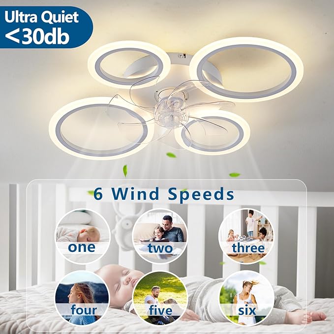 26" White Geometric Circular Ceiling Fan with Lights Remote Control, 3 Colors 6 Speeds Low Profile Ceiling Fan with Light for Kitchen Bedroom