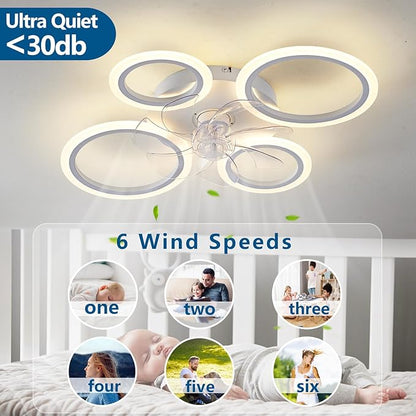 26" White Geometric Circular Ceiling Fan with Lights Remote Control, 3 Colors 6 Speeds Low Profile Ceiling Fan with Light for Kitchen Bedroom