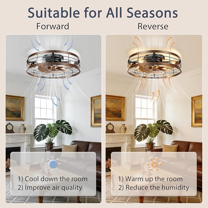 VOLISUN Farmhouse Caged Ceiling Fans with Lights Flush Mount, 19.7'' Rustic Low Profile Ceiling Fan with Light and Remote, Bladeless Fandelier Ceiling Fans with Lights for Kitchen, Bedroom-Gold