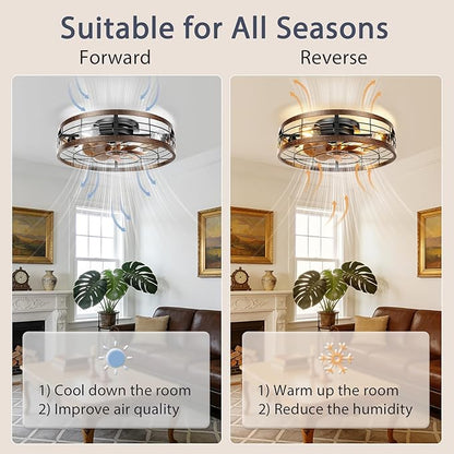 VOLISUN Farmhouse Caged Ceiling Fans with Lights Flush Mount, 19.7'' Rustic Low Profile Ceiling Fan with Light and Remote, Bladeless Fandelier Ceiling Fans with Lights for Kitchen, Bedroom-Gold