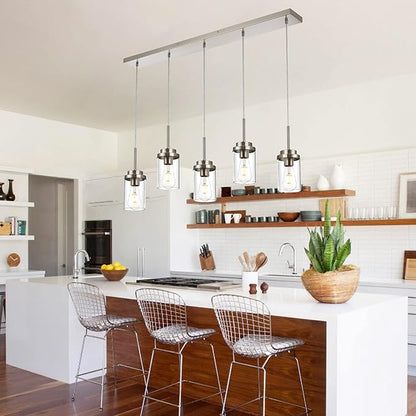 MELUCEE 5 Lights Kitchen Island Lighting Modern Linear Chandeliers for Dining Room, Industrial Brushed Nickel Pendant Light Fixtures Ceiling Hanging with Clear Glass Shade, 37.0 Inches Length