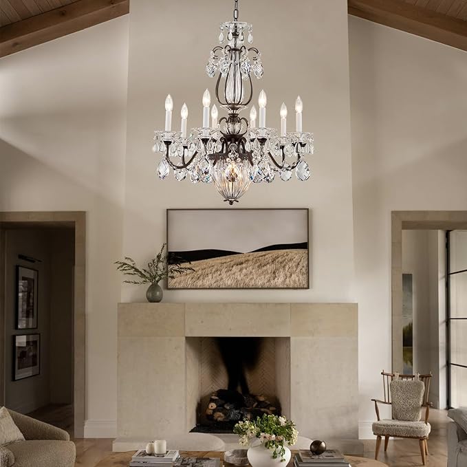 Crystal Chandelier for Dining Room, 8-Light Vintage Brown Chandelier, Pendant Ceiling Light Fixture for Living Room Hallway Entryway Foyer Staircase 30.3" H x 26.8" D