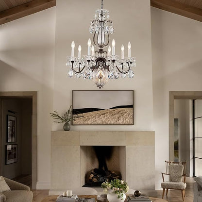 Crystal Chandelier for Dining Room, 8-Light Vintage Brown Chandelier, Pendant Ceiling Light Fixture for Living Room Hallway Entryway Foyer Staircase 30.3" H x 26.8" D