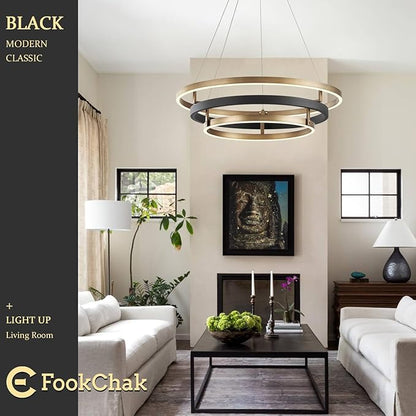 Modern Brass Chandelier for Living Room LED 3-Ring Dimmabel Chandelier Black & Gold Light Fixture Round Entry Foyer Chandeliers Lighting for Dining Room Bedroom Office 24in