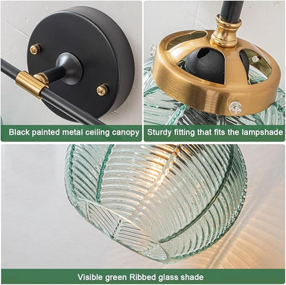 3-Light Bathroom Vanity Light Black Wall Mount Light with Green Glass Shade, Mid Century Wall Sconce Lights Modern Vanity Lamp for Over Mirror Bedroom Hallway