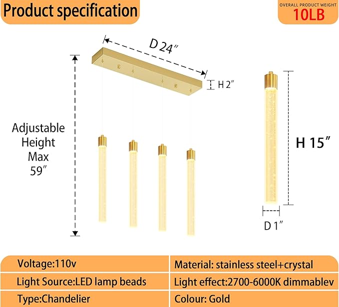 Modern Crystal Column Chandelier for Living Room Dining Room 4-Lights Gold Dimmable LED Adjustable Height Hanging Pendant Light for Kitchen Island,Bedroom,Over Table,