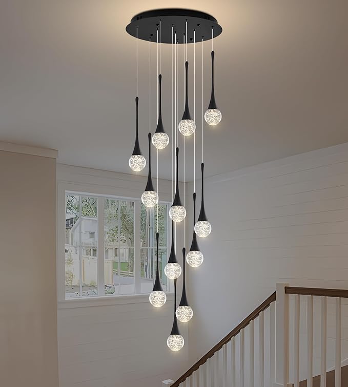 Modern Black Crystal Chandelier for High Ceiling 12-Lights, 120 Inches Luxury Spiral Dimmable LED Bubble Raindrop Pendant Lighting Fixture for Staircase Foyer Entryway Living Room