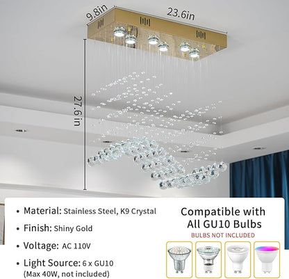 Modern Gold Wave Rectangular Chandelier for Dining Room Over Table, 6-Lights Raindrop Elegant Ceiling Light Fixture for Kitchen Island, Funny Flush Mount Pendant Light for Kids/Girls Room