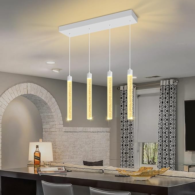 Modern Crystal Column Chandeliers for Dining Room Dimmable 4-Lights Silver LED Hanging Pendant Light Kitchen Island,Bedroom,Over Table,Living Room, Adjustable Height
