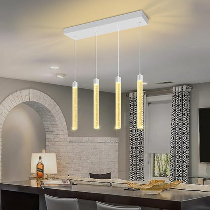 Modern Crystal Column Chandeliers for Dining Room Dimmable 4-Lights Silver LED Hanging Pendant Light Kitchen Island,Bedroom,Over Table,Living Room, Adjustable Height