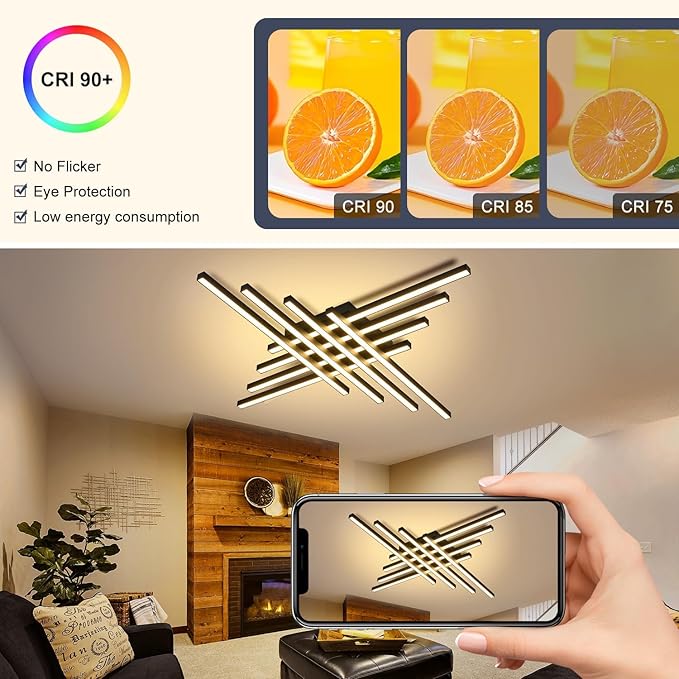 47" Black Modern LED Ceiling Light with Remote 3000K/4500K/6000K Close to Ceiling Lights Creative Design Ceiling Lamp for Bedroom Living Room Kitchen Hallway Dining Room(128W, 8 Lights)