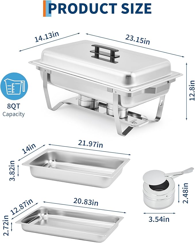 Garvee Chafing Dish Buffet Set 6 Pack, 8QT Buffet Servers and Warmers Set with Lid & Foldable Frame, Rectangular Stainless Steel Chafer Food Warmer for Parties Wedding Catering Supplies, Silver