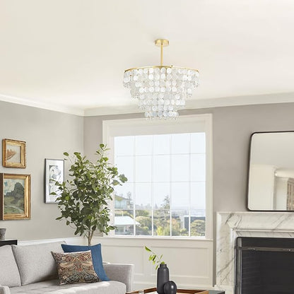 Natural Capiz Shell Chandelier, Coastal Modern Chandelier, Hanging Round Layered Pendant Lighting(4 Light, Gold)
