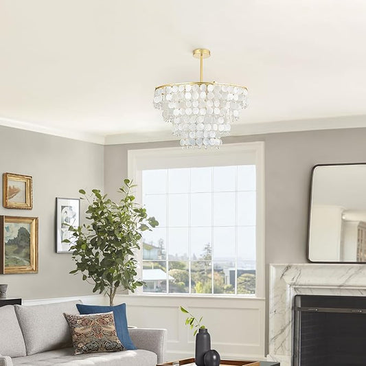 Natural Capiz Shell Chandelier, Coastal Modern Chandelier, Hanging Round Layered Pendant Lighting(4 Light, Gold)