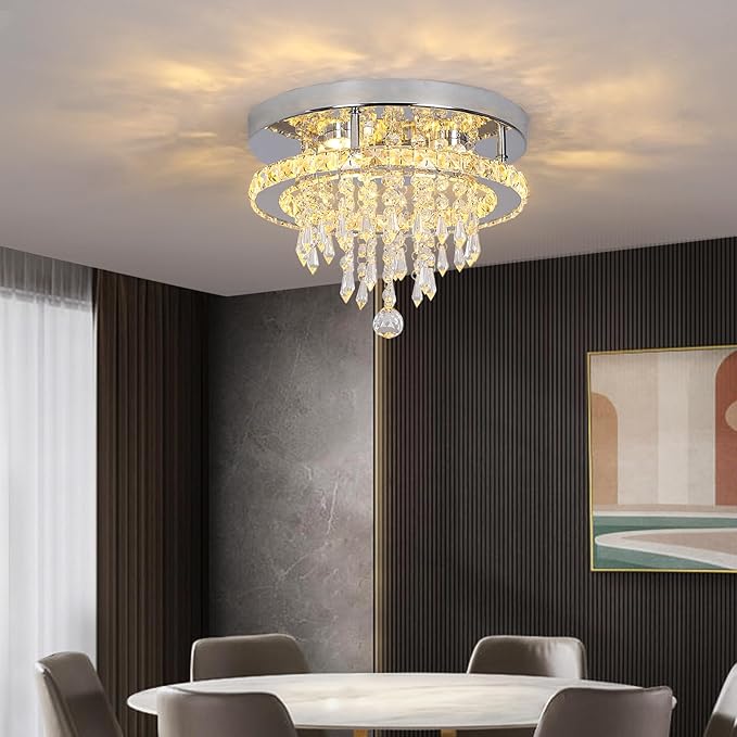 Deckrico Modern K9 Crystal Chandelier 3 LED Lights Stainless Steel Pendant Lamp Flush Mount Light Fixtures for Dining Room Bathroom Bedroom Living Room (Warm White)