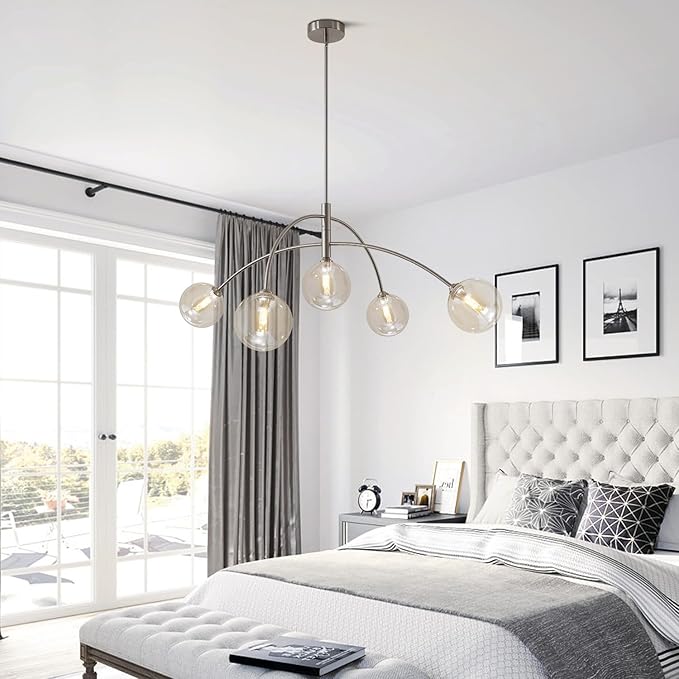 Mid Century Modern Sputnik Chandelier with Glass Globe Cognac Shade Adjustable 5 Light Silver Chandelier for Dining Room Kitchen Bedroom
