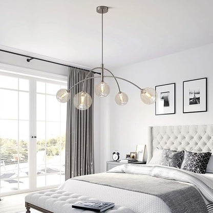 Mid Century Modern Sputnik Chandelier with Glass Globe Cognac Shade Adjustable 5 Light Silver Chandelier for Dining Room Kitchen Bedroom