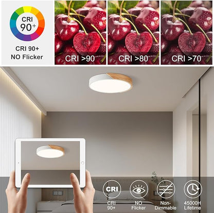 Modern LED Ceiling Light, Minimalist Wood Flush Mount Ceiling Light Fixture, 4000K Not Dimmable, Circle Lighting Lamp with Acrylic Lampshade for Bedroom Dining Room Laundry (White, 15.8'')