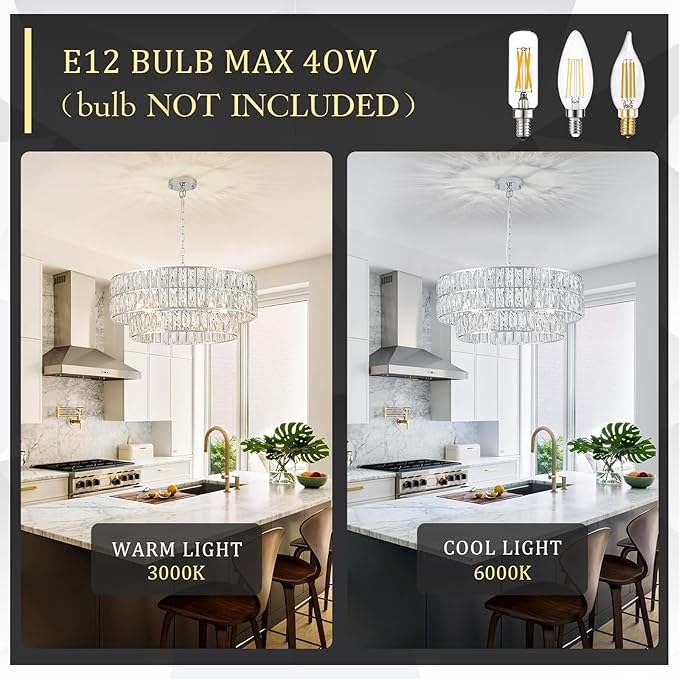 24'' Luxury Chrome Crystal Chandelier 8-Lights Modern Semi Flush Mount Ceiling Light Fixtures Round Crystal Pendant Chandeliers for Living Room Dining Room Kitchen Foyer Bedroom