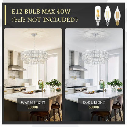 24'' Luxury Chrome Crystal Chandelier 8-Lights Modern Semi Flush Mount Ceiling Light Fixtures Round Crystal Pendant Chandeliers for Living Room Dining Room Kitchen Foyer Bedroom