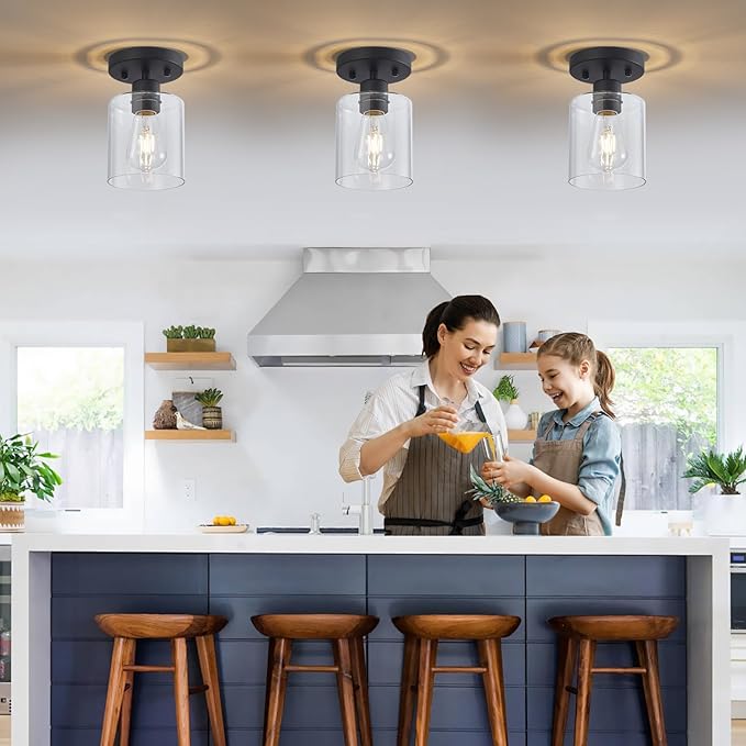 YYT Black Hallway Light Fixtures Ceiling 1-Light Semi Flush Mount Ceiling Light Small Kitchen Cieling Lights Black Hallway Light Fixtures Single Light Fixture with Clear Glass Shade Set of 2
