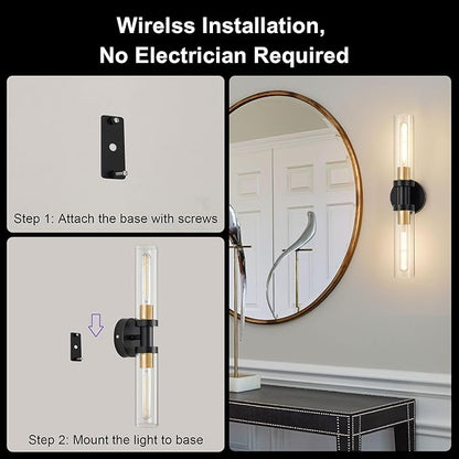 SANTOSTOCK Battery Operated Wall Sconce Set of 2, 12000mAh Rechargeable Wall Lights with Remote Control, Wireless Dimmable Wall Lamps for Bedroom Living Room Bathroom Hallway Stairwell, Black & Gold