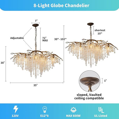 Vezzio Tree Branch Chandelier for Dining Room, 8-Light Bronze Farmhouse Crystal Light Fixture, 35" Adjustable Rustic Pendant Light for Kitchen Island Living Room Entryway Foyer