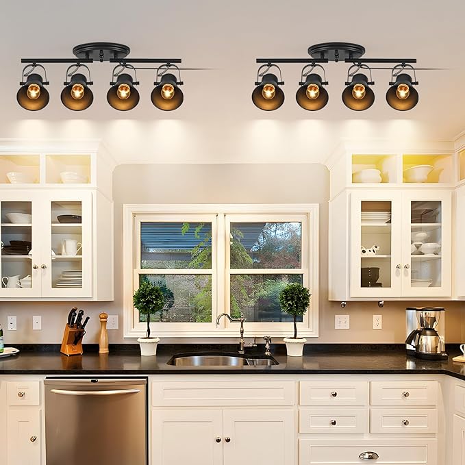 Modern Plug-in Ceiling Lighting,4 Light Track Lighting Fixtures, Industrial Black Kitchen Track Lighting Fixtures Ceiling for Kitchen, Living Room, Dining Room, Hallway.