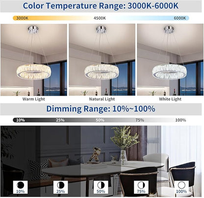 Depuley Modern LED Crystal Chandeliers: 15.7" Ring Chandelier Hanging Crystal Ceiling Light Fixture - 24W Adjustable Height Pendant Light for Living Room Dining Room Bedroom Foyer