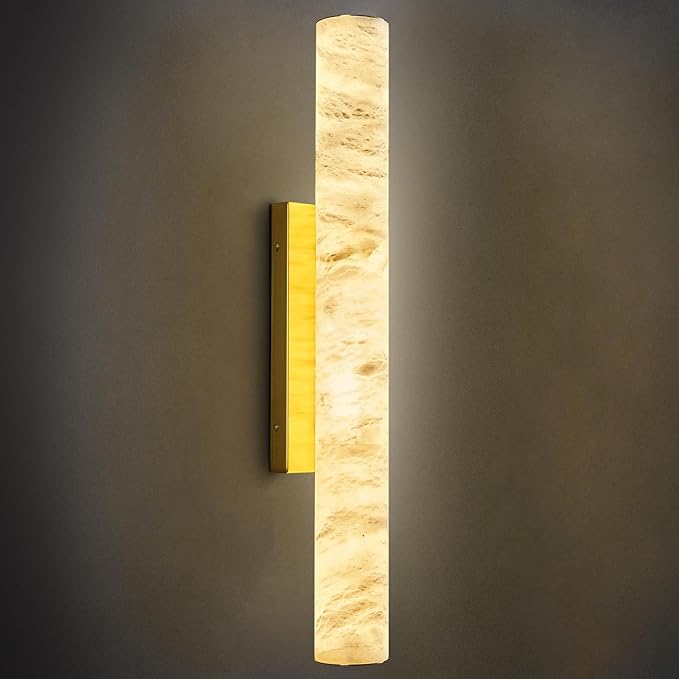 LMQNINE Natural Alabaster Wall Sconces Spanish Marble Wall Light Cylinder Modern Gold LED Sconce for Living Room Bedroom Bathroom Stairs（M-1Pack）