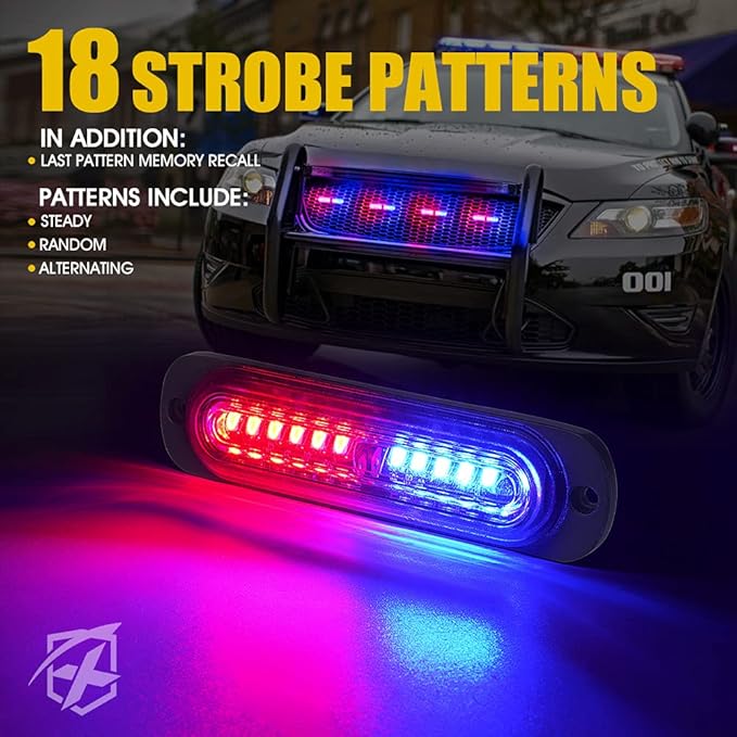 Xprite Red Blue LED Emergency Strobe Lights Kit, Surface Flush Mount Grill Grille Hazard Warning Safty Flashing Police Light for Volunteer Vehicles Off-Road Trucks Cars SUV ATV UTV Motorcycle - 4PCS