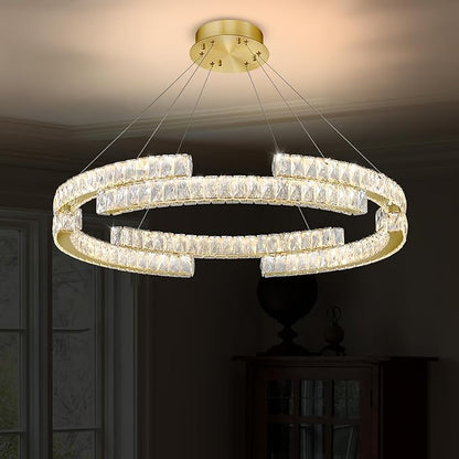 D24'' Modern Gold Crystal Ring Chandeliers for Living Room Dinning Room Crystal Pendant Light Dimmable 3000k-6000k