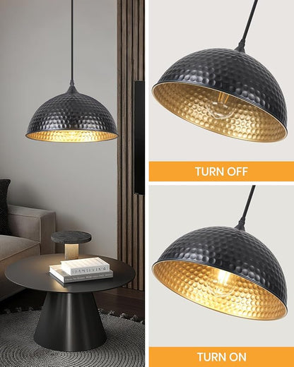 Black Pendant Lights Kitchen Island 12 Inch, Vintage Hammered Pendant Light Fixtures Adjustable Height Dome Pendant Light for Dining Room Bedroom Bar