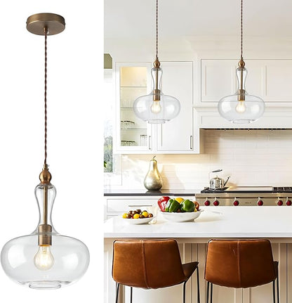 Glass Pendant Light Vintage Brass Kitchen Island Pendant Light with Clear Glass Shade for Dining Room Kitchen Entrance Stairs