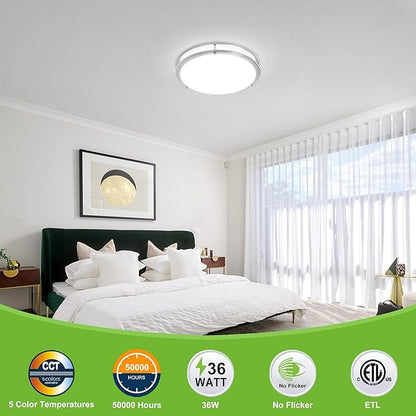 hykolity 16 inch Dimmable LED Flush Mount Ceiling Light Fixture, 36W, 2200LM, 2.7/3/3.5/4K/5K Adjustbale, 120°Light Angle, CRI90, Ceiling Lamp for Bedroom, Kitchen, Office, ETL Listed, Brushed Nickel