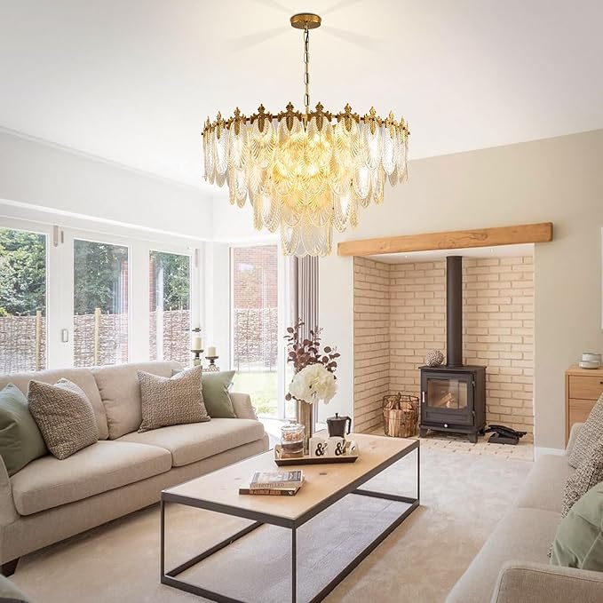 KELUOLY Modern Large Crystal Chandelier, 4-Layer Gold Glass Chandelier, 12 Light Round Antique Ceiling Pendant Light, 31.5 Inchs Adjustable Height for Foyer, Living Room, Bedroom, Dining Room