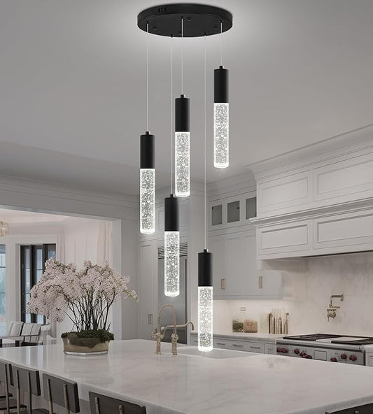 Modern Crystal Chandelier for Kitchen Island 5-Lights, Elegant Black LED Bubble Pendant Lighting Fixture for Dining Room Bedroom Entryway
