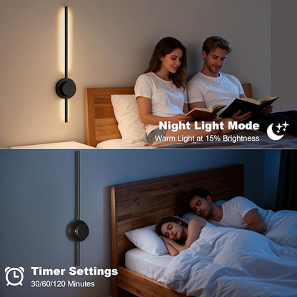 Rechargeable Wall Sconce Lights with Remote, Battery Operated Wall Lights 3 Color Temperature, Dimmable Wireless Wall Lamp Black 70CM for Living Room Bedroom Hallway 2 Pack