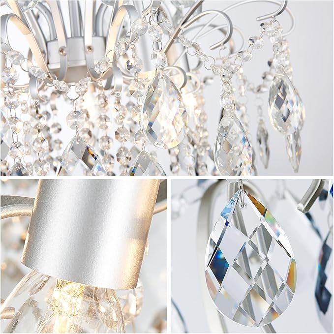 WUZUPS 5-Light Crystal Candle Chandelier Pendant Ceiling Modern Lighting Fixture for Bedroom Hallway Bar Kitchen Bathroom, H 22.8" W19.7, E12 Base, Silver